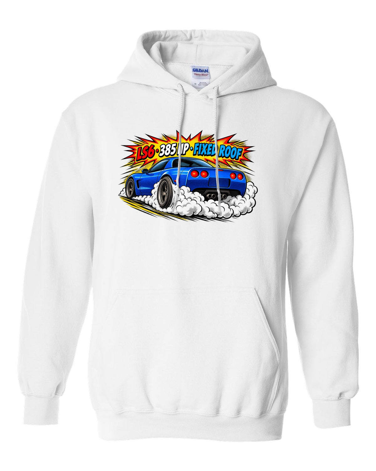 Comic halftone pop-art print of a 2001 Chevrolet Corvette C5 Z06 with LS6 385 HP Fixed Roof text white pull over hoodie front view with the design