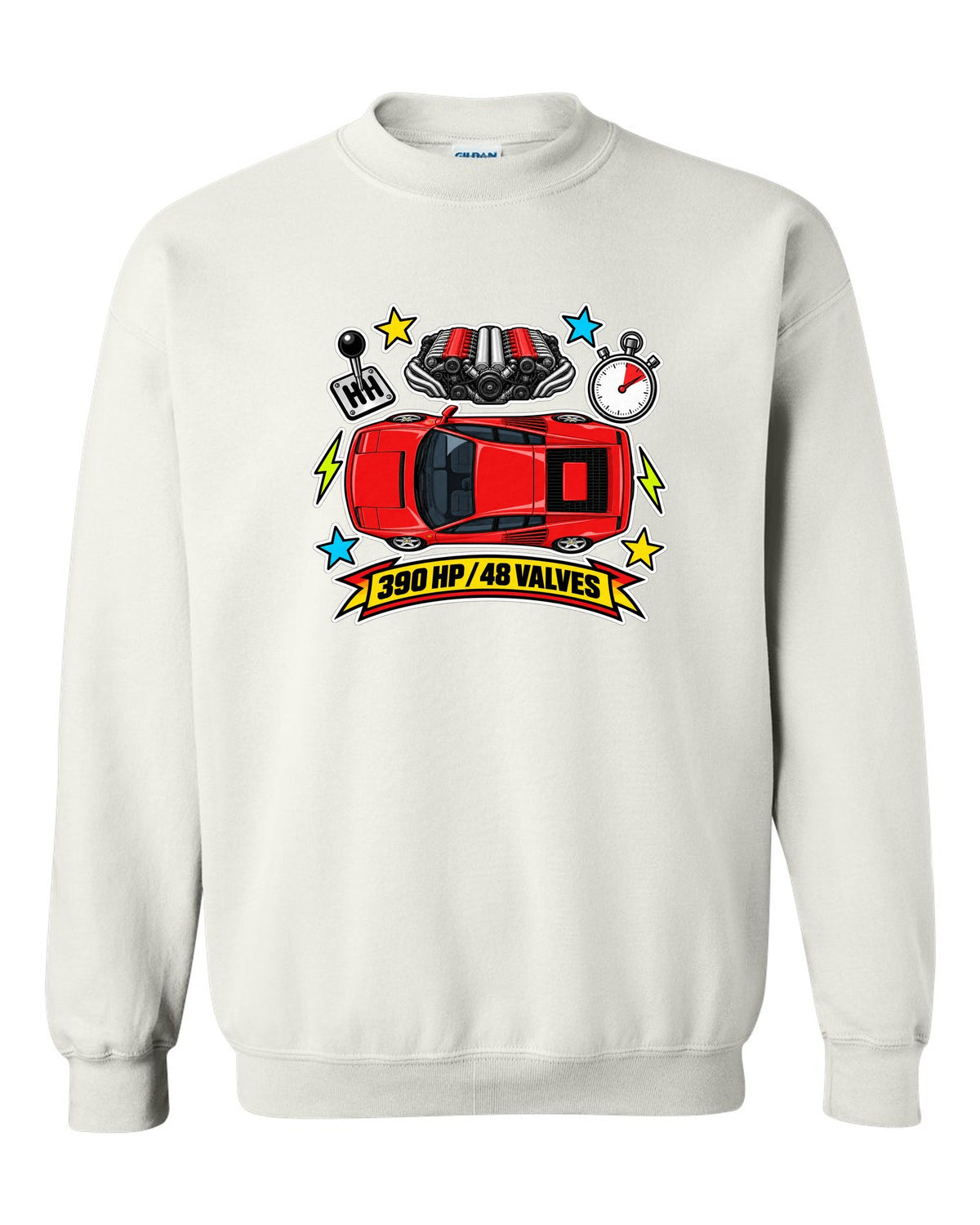 Sticker-bomb collage of the Ferrari Testarossa with 390 HP and 48 valves text white crewneck front view with the design
