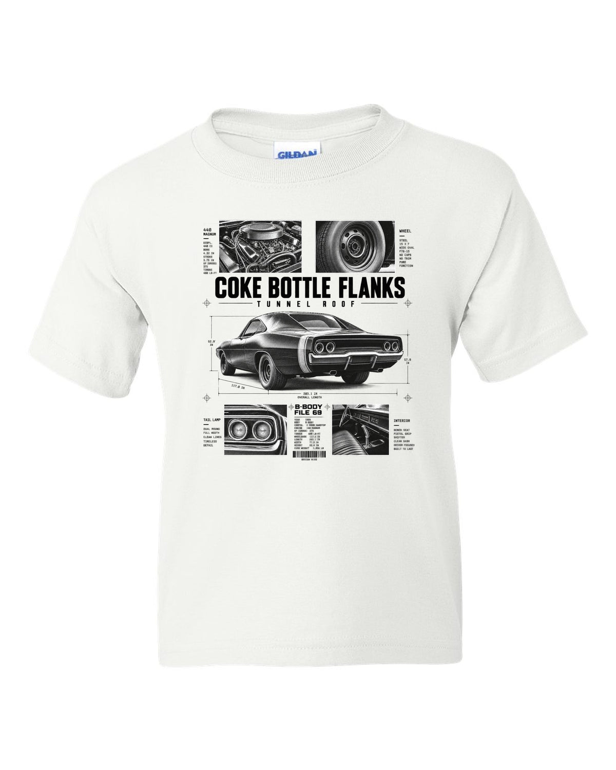 Dossier panel print of a 1969 Dodge Charger R/T with coke bottle flanks and tunnel roof notes white kids tee front view with the design