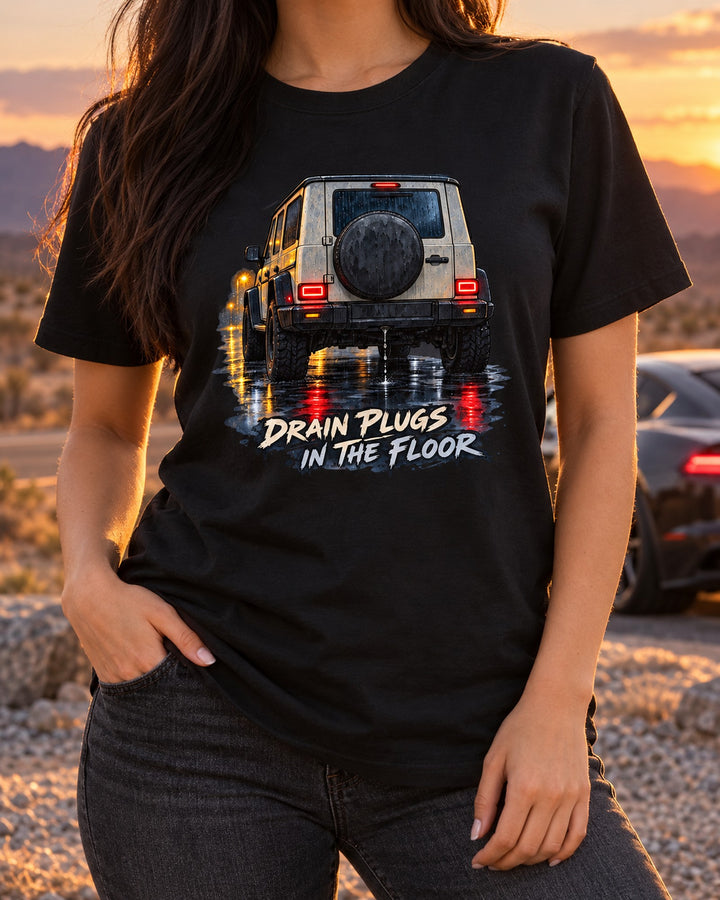 Jeep Wrangler JL Drain Plugs Rainy Night Watercolour Tee T-Shirt Black worn hero