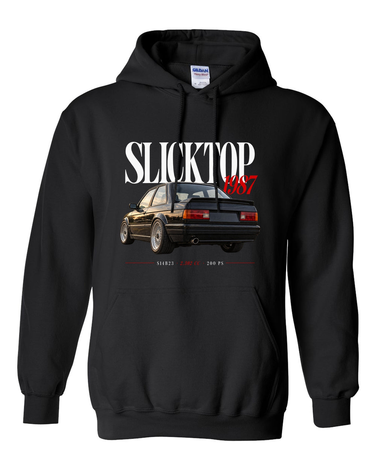 BMW E30 M3 Slicktop 1987 editorial headline print with S14B23 spec text black pull over hoodie front view with the design