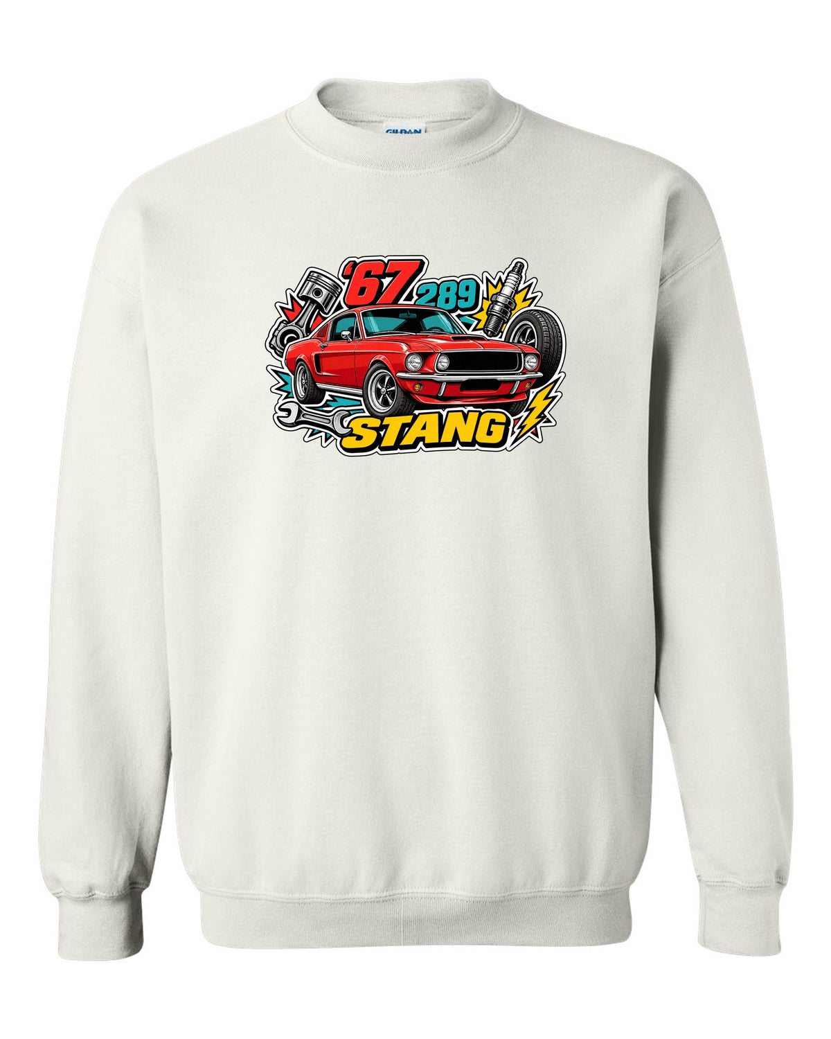 Sticker-bomb collage print of a 1967 Ford Mustang fastback white crewneck front view with the design