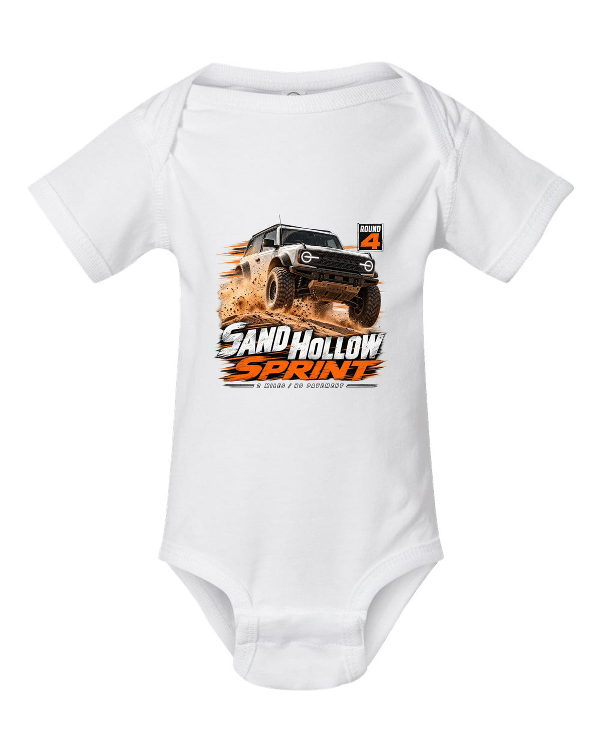 Jeep Wrangler JL dune sprint race poster print with Sand Hollow text white baby onesie front view with the design