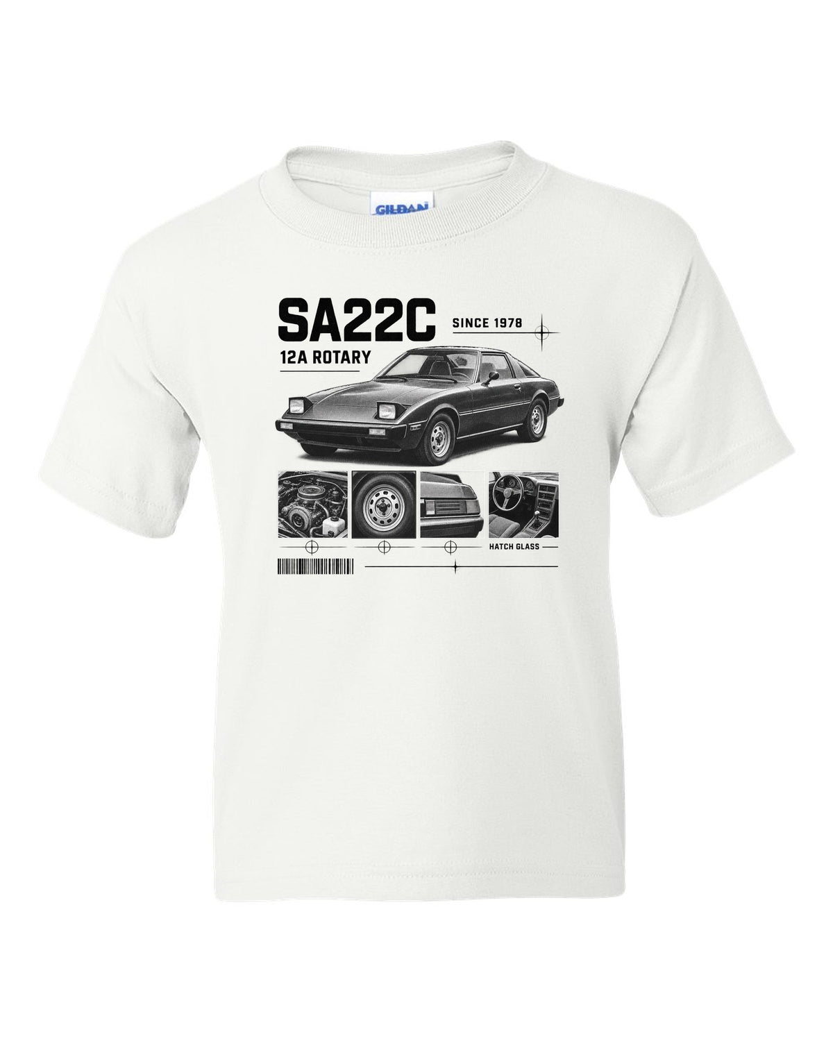 Dossier panel print of a Mazda RX-7 SA22C with 12A rotary lettering white kids tee front view with the design