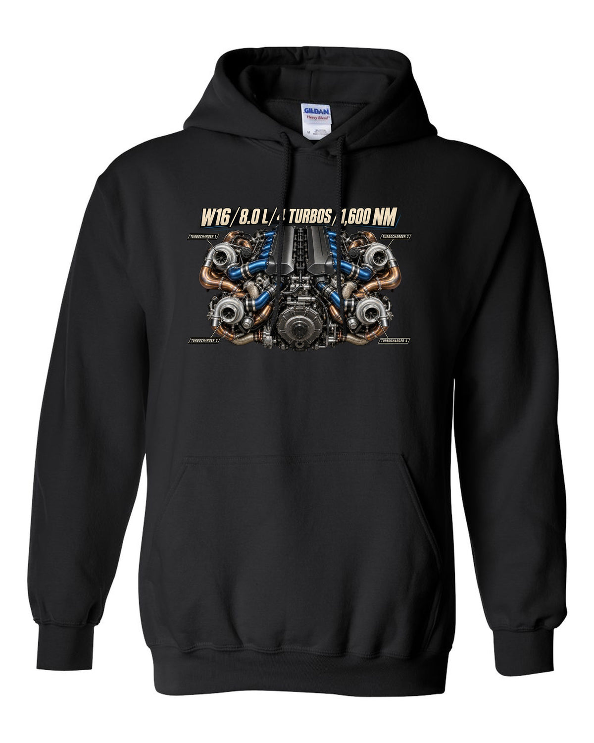 Bugatti W16 8.0 litre quad-turbo engine poster print black pull over hoodie front view with the design