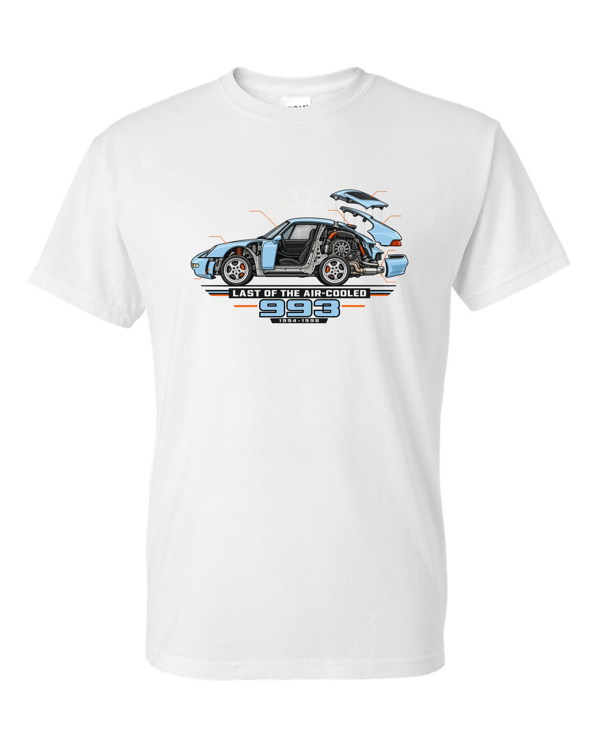 Architectural cutaway drawing of a Porsche 911 993 on a shirt back white t-shirt front view with the design