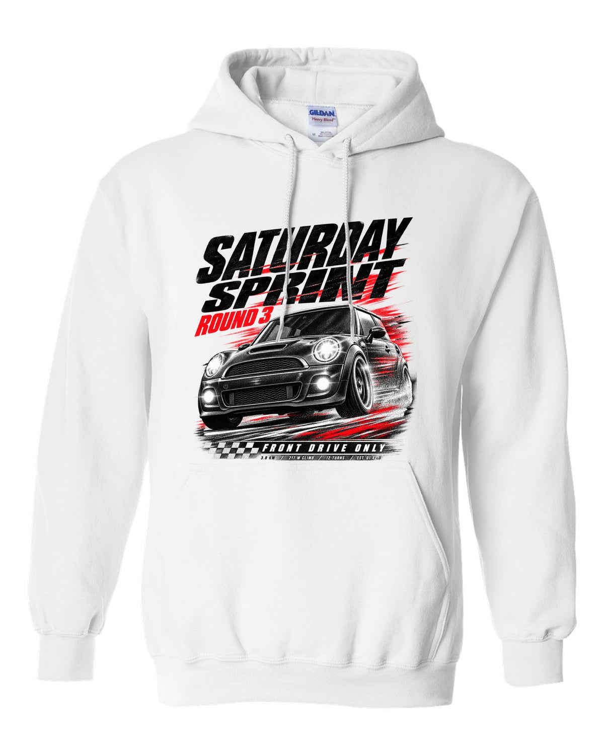 Race poster print of a Mini Cooper JCW R56 front three-quarter at a Saturday sprint round three white pull over hoodie front view with the design