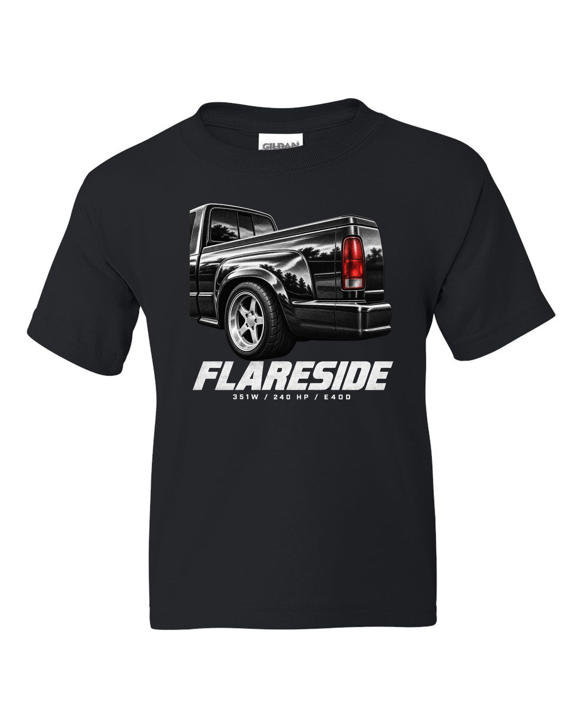 Ford F-150 SVT Lightning 1993-95 flareside taillight macro print with 351W and 240 HP black kids tee front view with the design