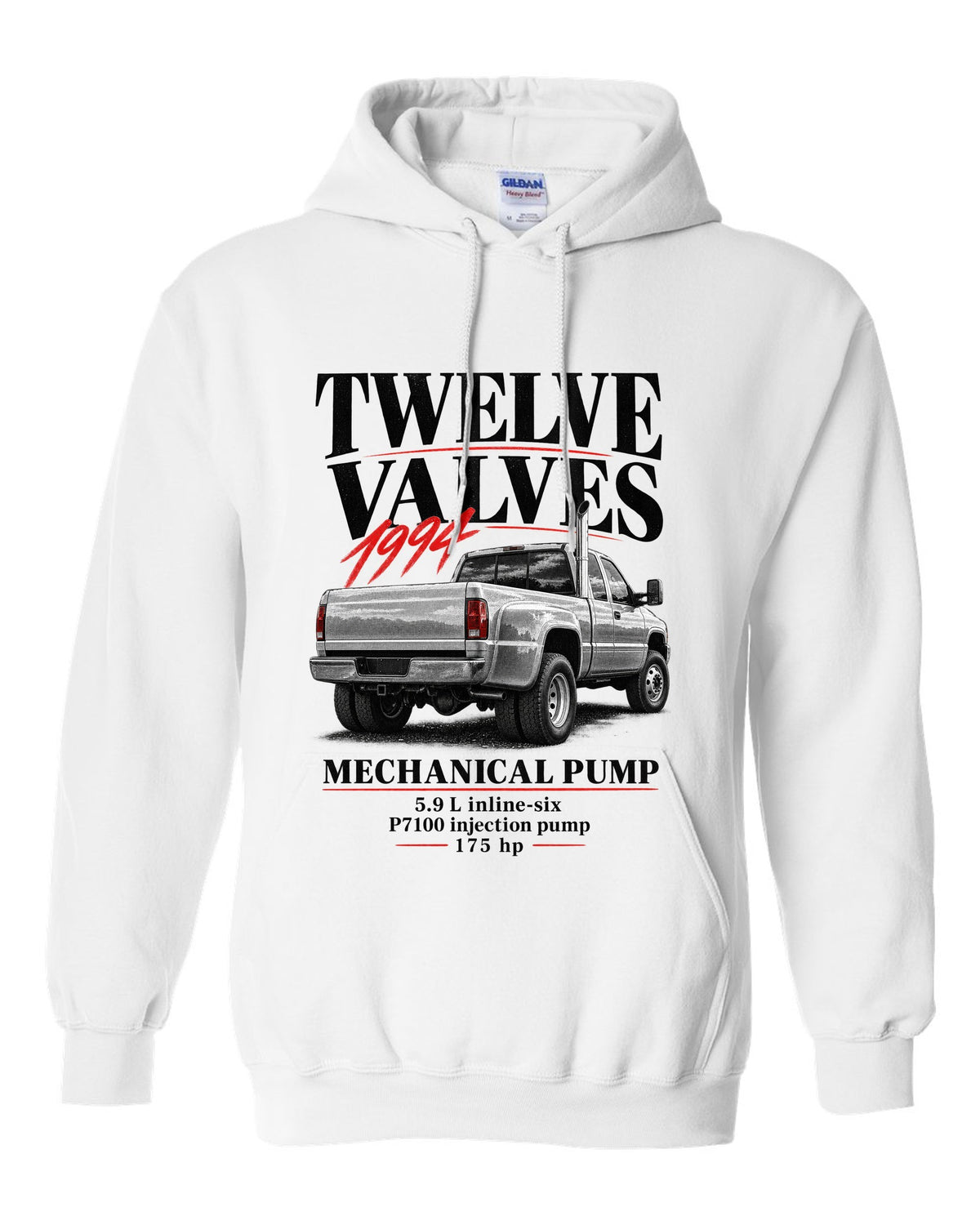 Editorial print of a 1994-98 Dodge Ram 2500 2nd gen 12-valve in a rear three-quarter view white pull over hoodie front view with the design