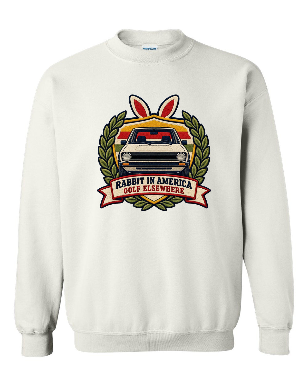 Varsity crest print of a VW Golf Mk1 Rabbit with Golf elsewhere text white crewneck front view with the design