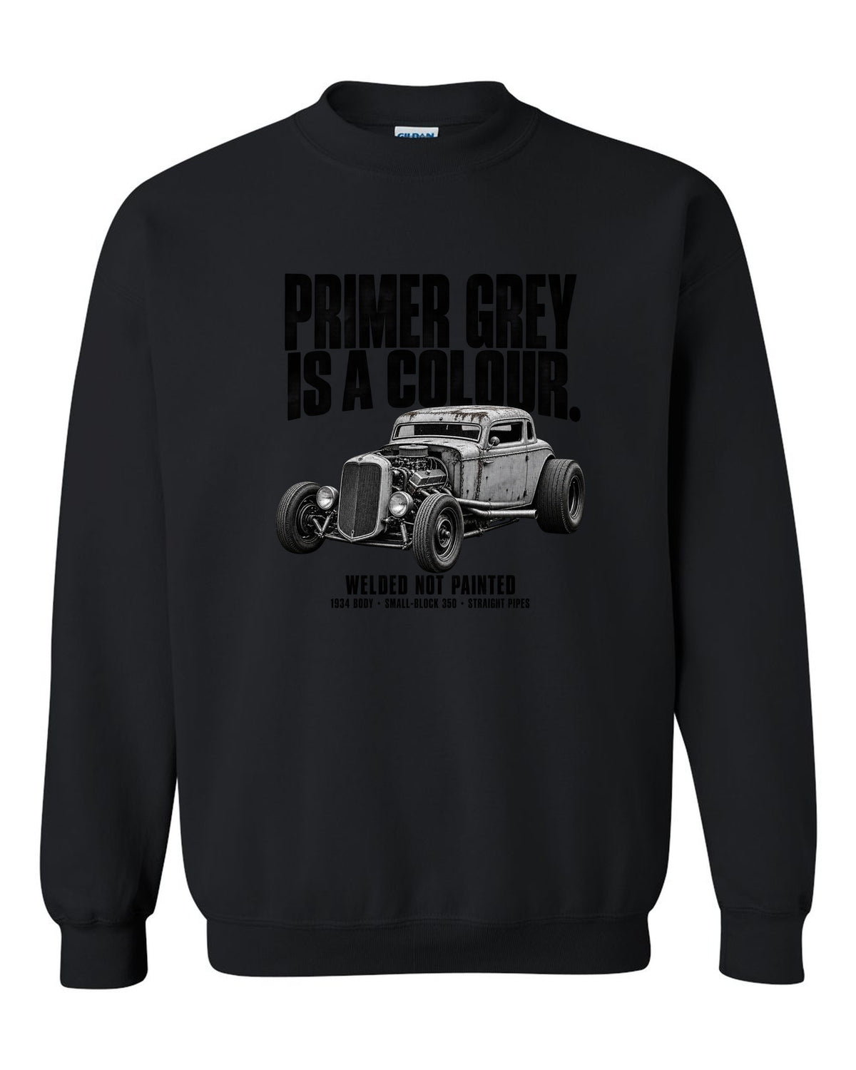 Halftone print of a primer grey 1934-style rat rod coupe black crewneck front view with the design