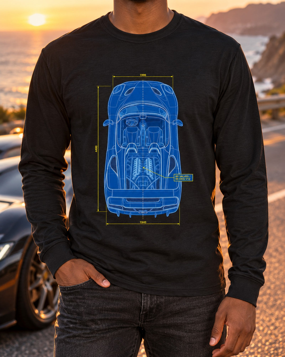 Ferrari F50 Top-Down Plan Blueprint Tee, 60 Valve V12 Long Sleeve Black worn hero