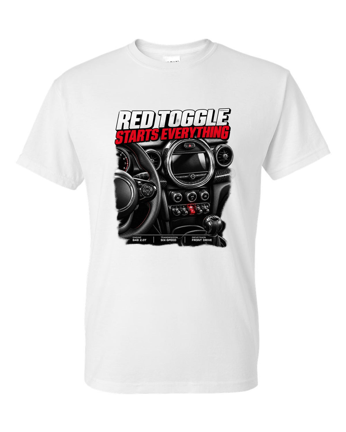 print of the Mini Cooper JCW F56 centre stack with the red toggle switch white t-shirt front view with the design