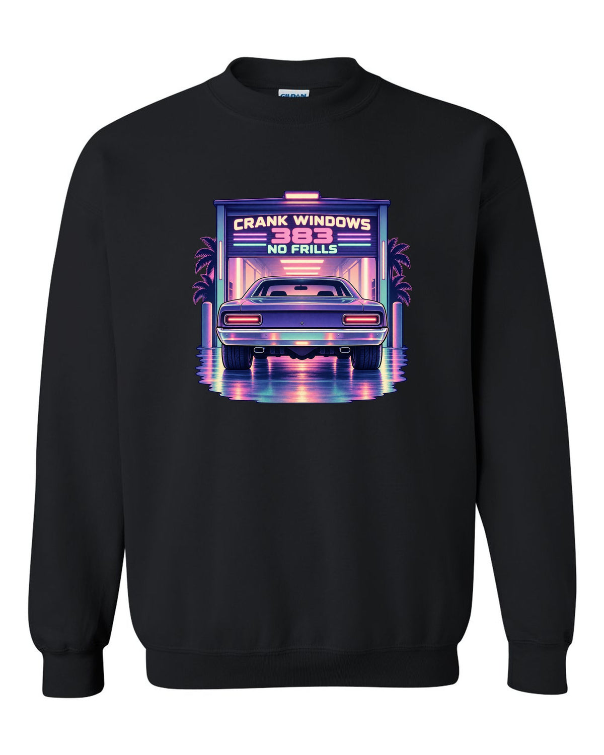 Vaporwave pastel night garage with a 1970 Plymouth Road Runner and 383 no frills lettering black crewneck front view with the design
