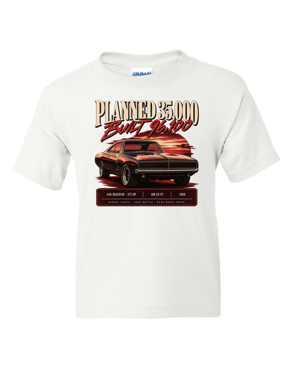 Archive panel print of a 1968 Dodge Charger R/T with 440 Magnum, 375 HP and production figures white kids tee front view with the design