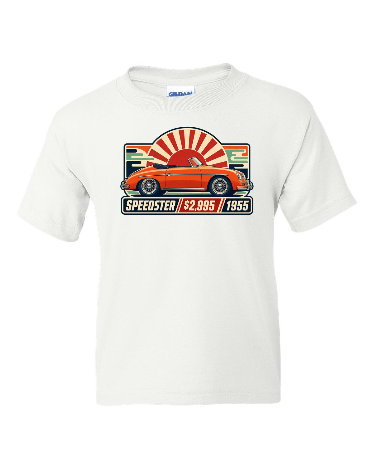 print of five Porsche 911 generations in a row, labelled 901, 930, 964, 993 and 996 white kids tee front view with the design
