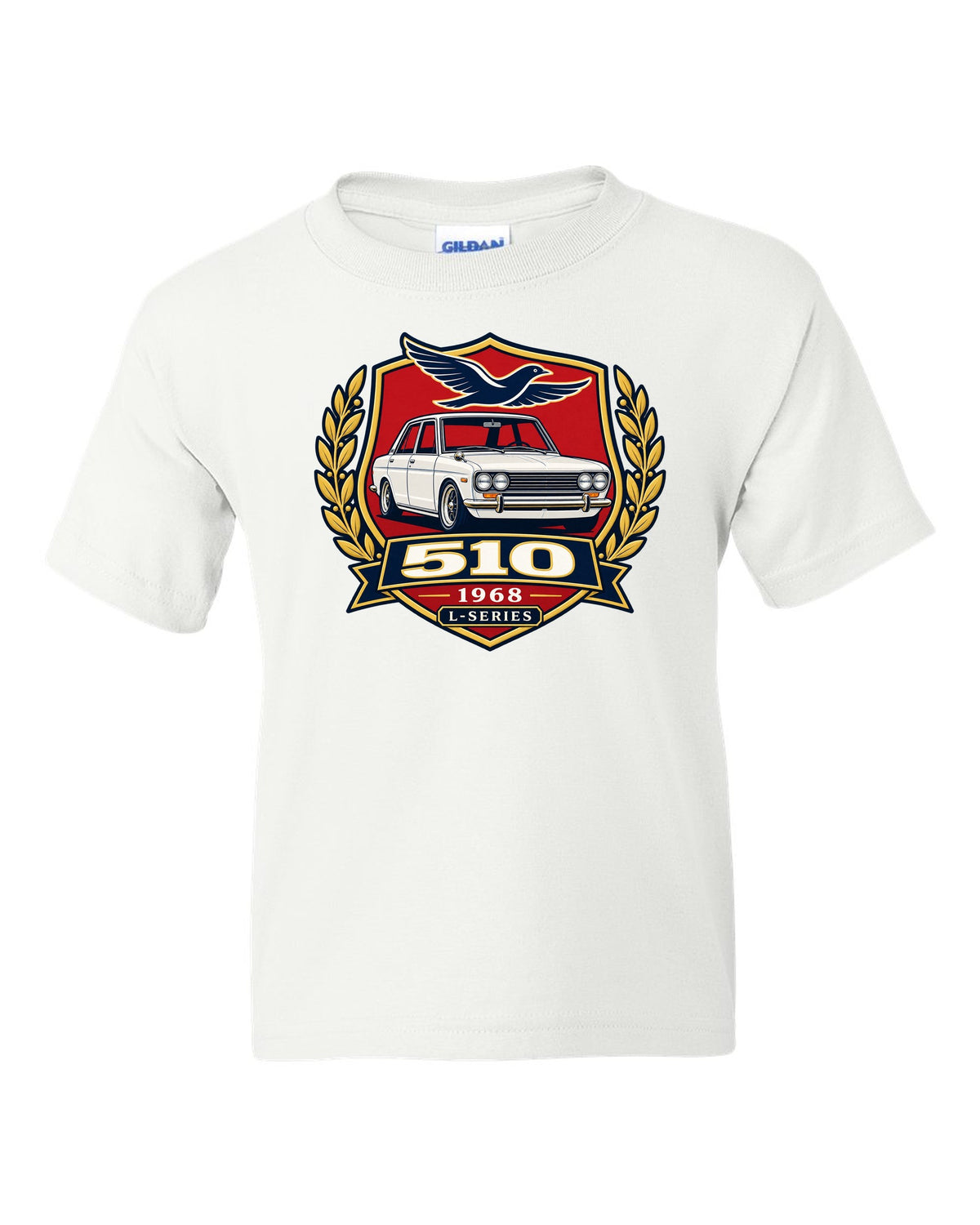 Shield crest print for the Datsun 510 with 510, 1968 and L-Series lettering white kids tee front view with the design
