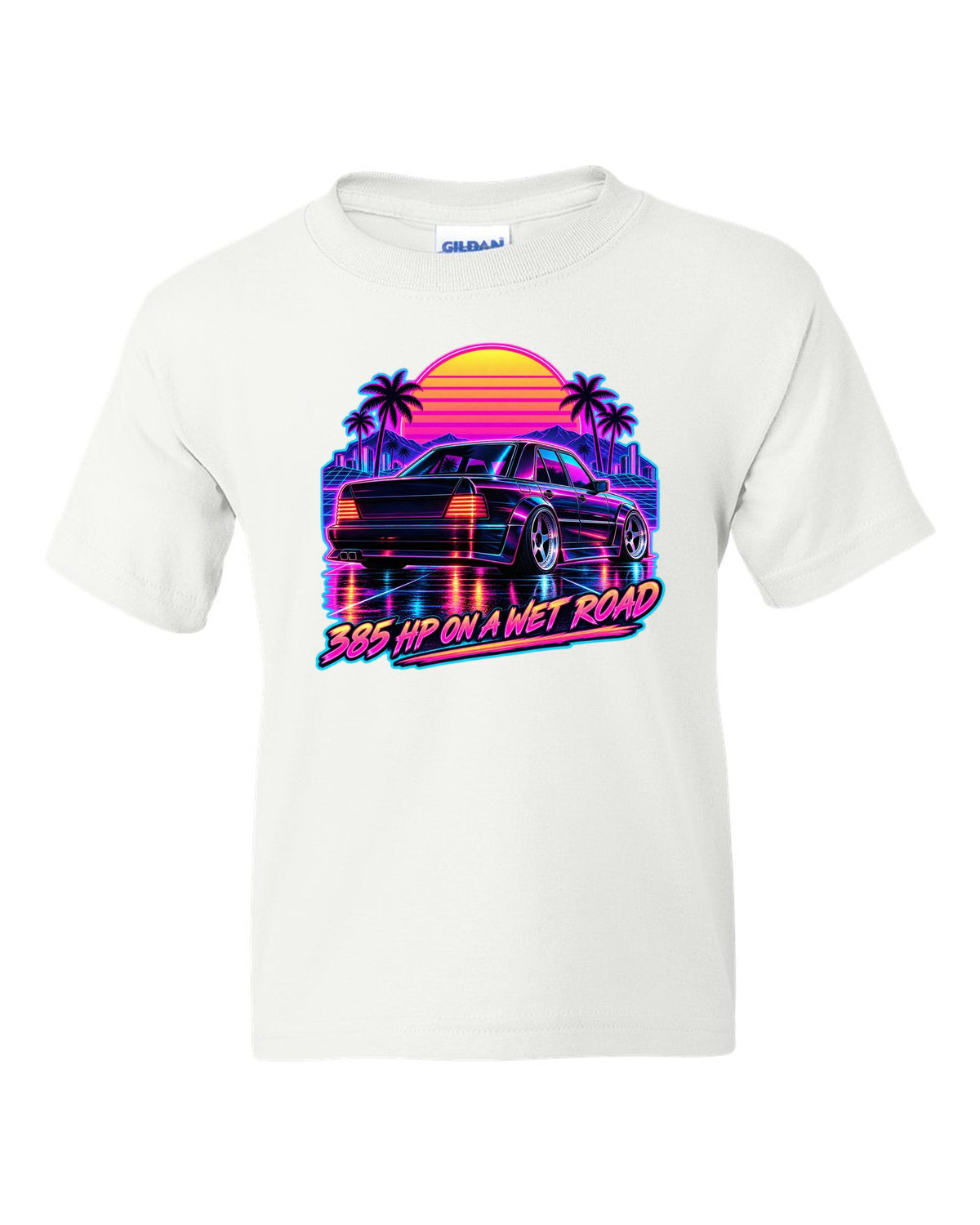 Synthwave outrun print of Mercedes 300E Hammer W124 taillights on a wet road white kids tee front view with the design