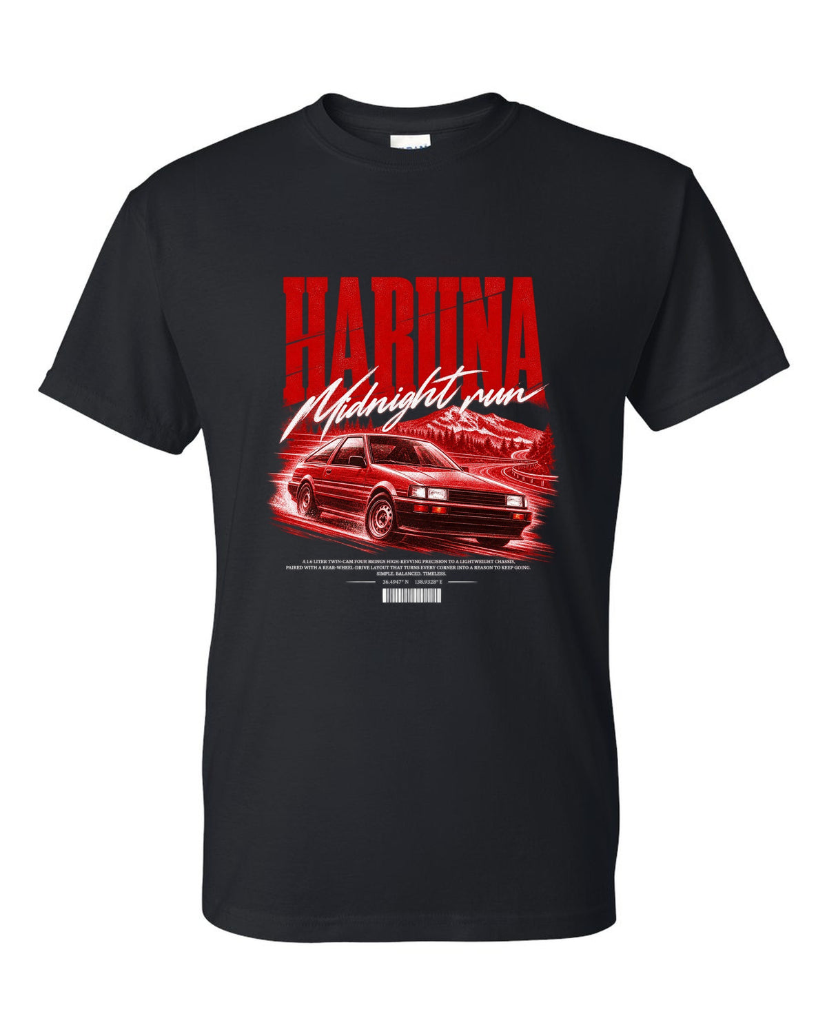 Street poster print of a Toyota Corolla Levin AE86 with the text Haruna Midnight Run black t-shirt front view with the design