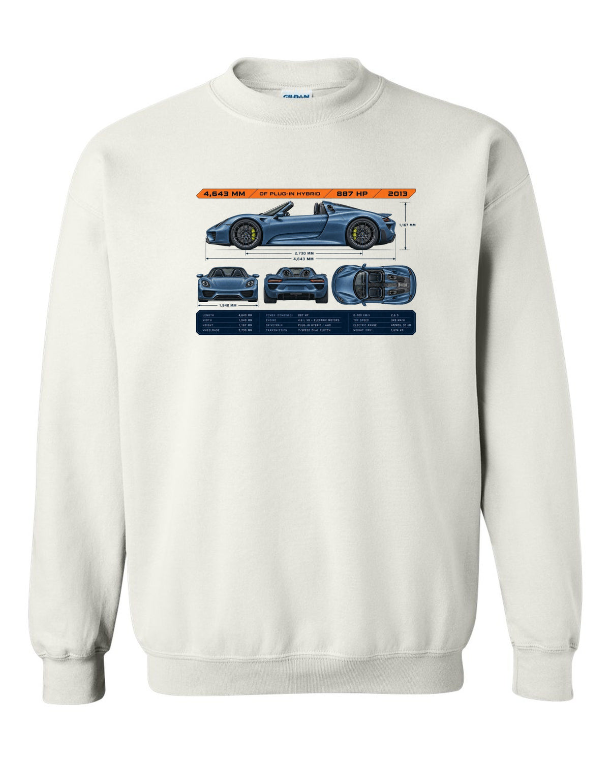 Porsche 918 Spyder dimension blueprint print design white crewneck front view with the design