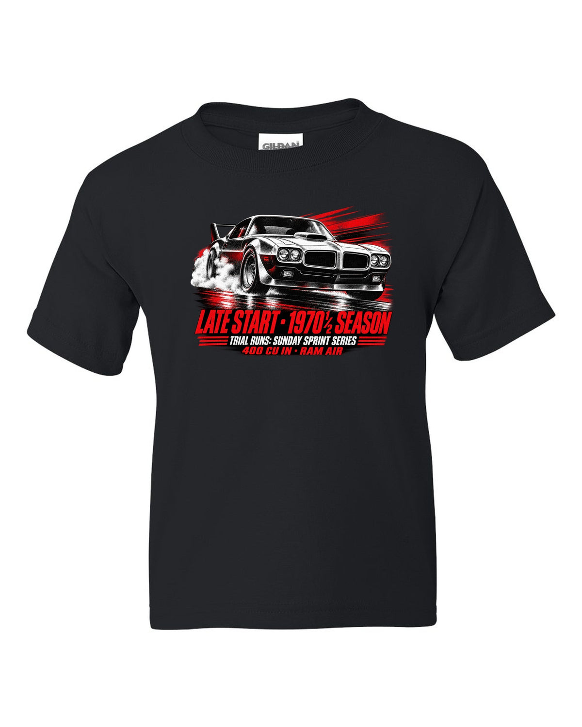 1970 1/2 Pontiac Firebird Trans Am race poster print with Ram Air text black kids tee front view with the design