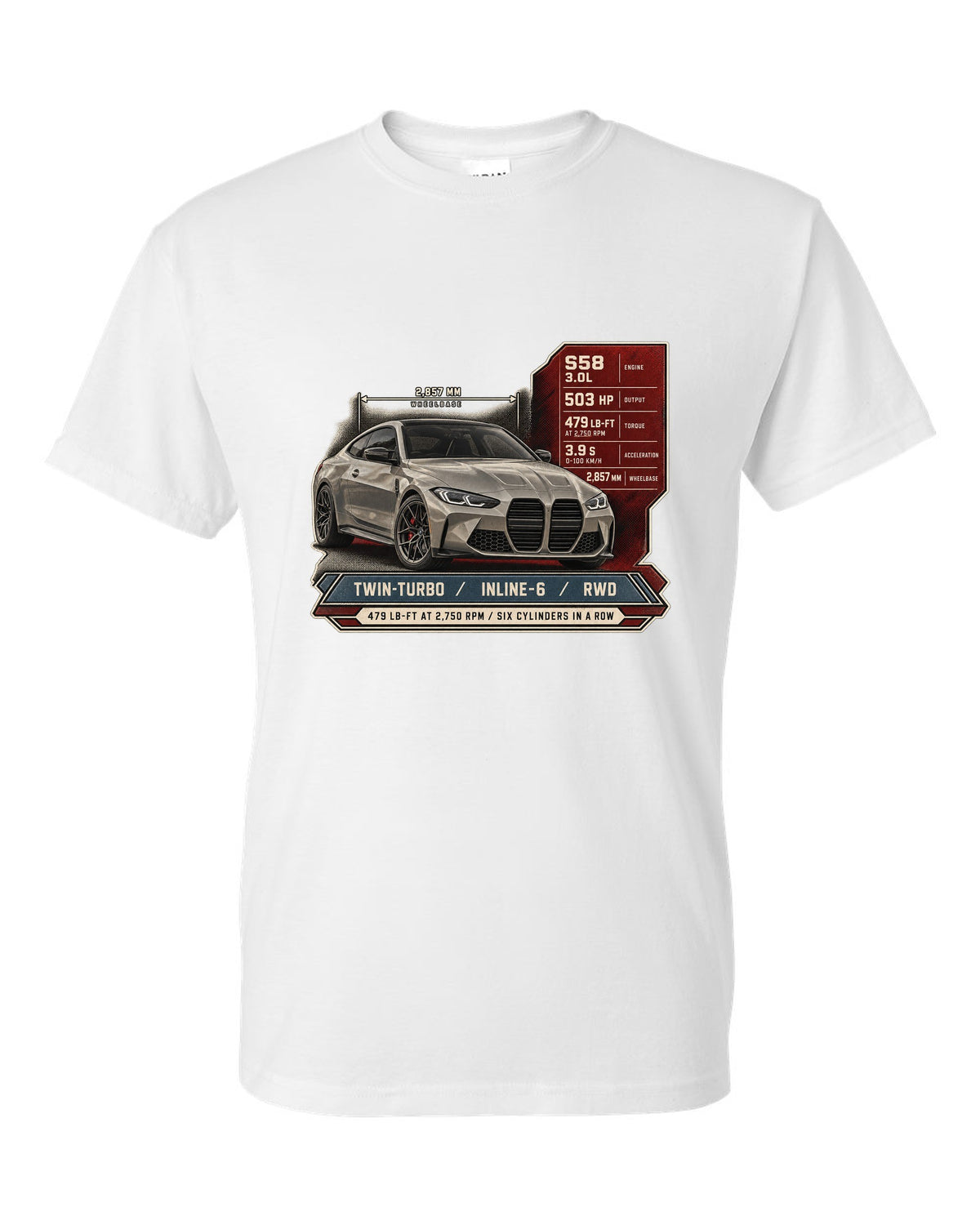 BMW M4 Competition G82 spec poster print with 479 lb-ft and six cylinders in a row white t-shirt front view with the design