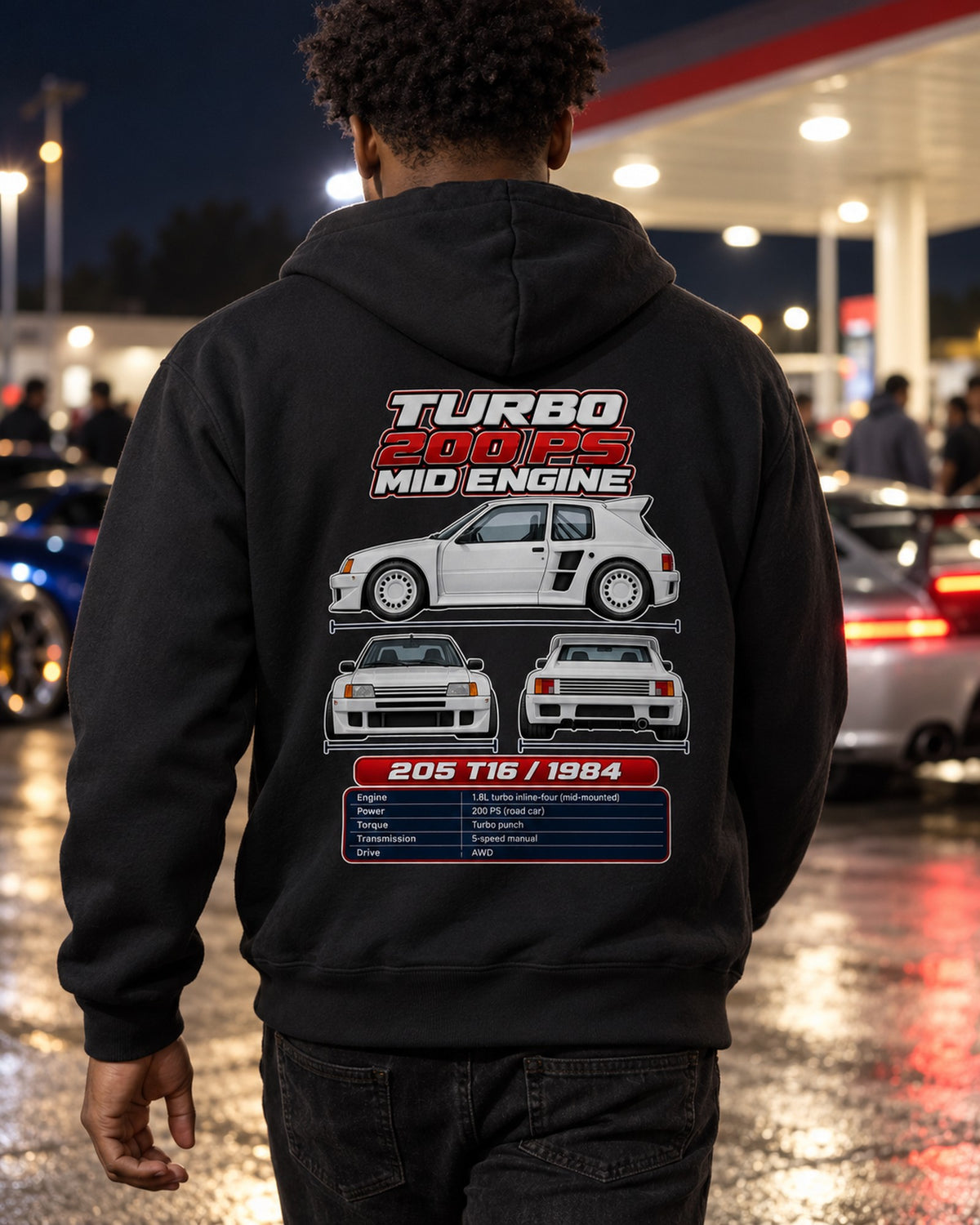 Peugeot 205 Turbo 16 Spec Sheet Full-Back Graphic Tee Zip Hoodie Black worn hero