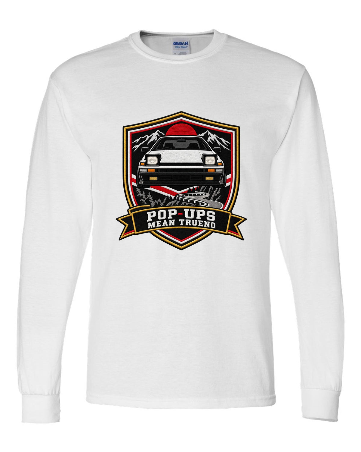 Embroidery varsity crest print of a Toyota Sprinter Trueno AE86 with Pop-Ups lettering white long sleeve front view with the design