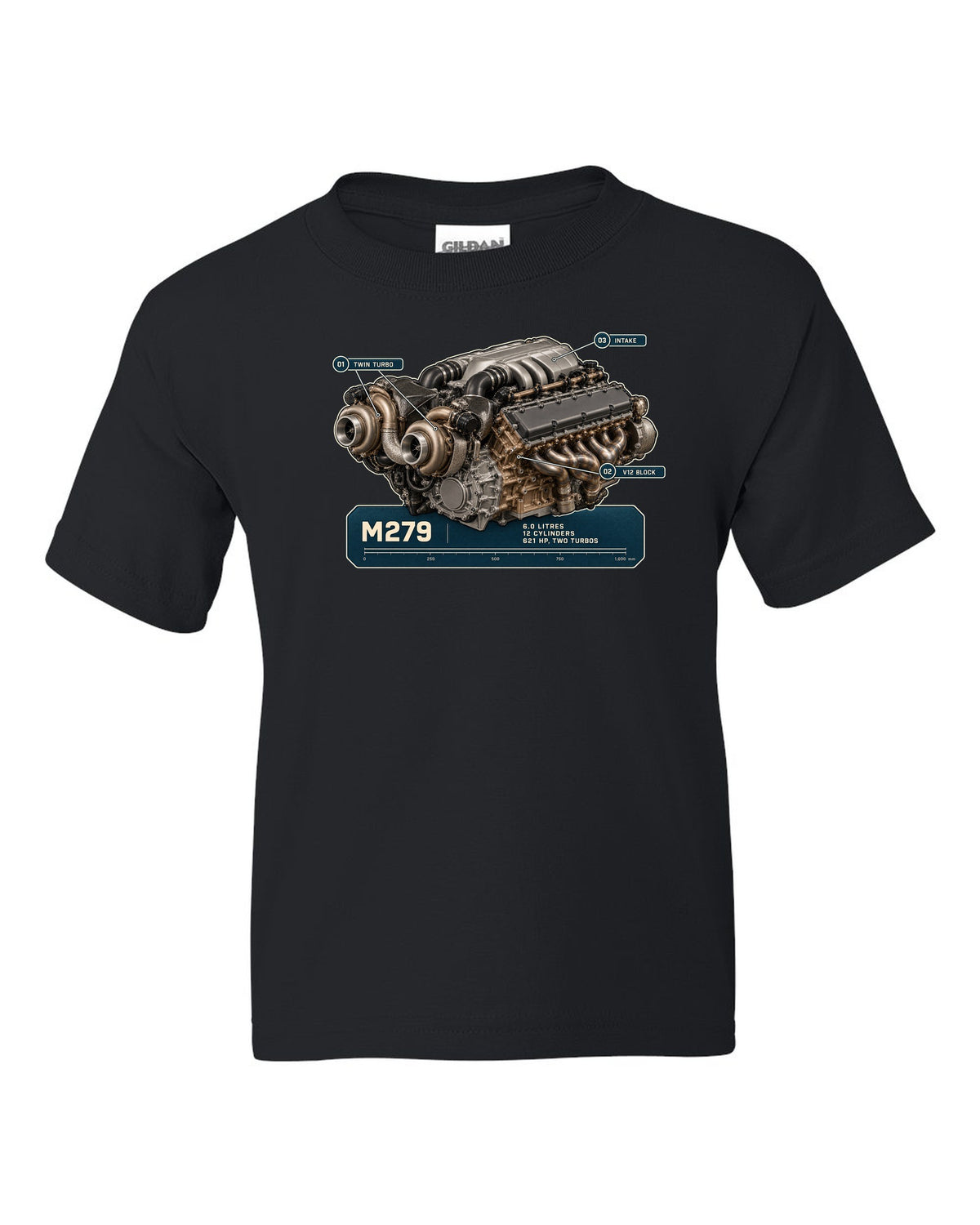 Mercedes-Maybach S680 M279 6.0 litre V12 biturbo engine hero print black kids tee front view with the design