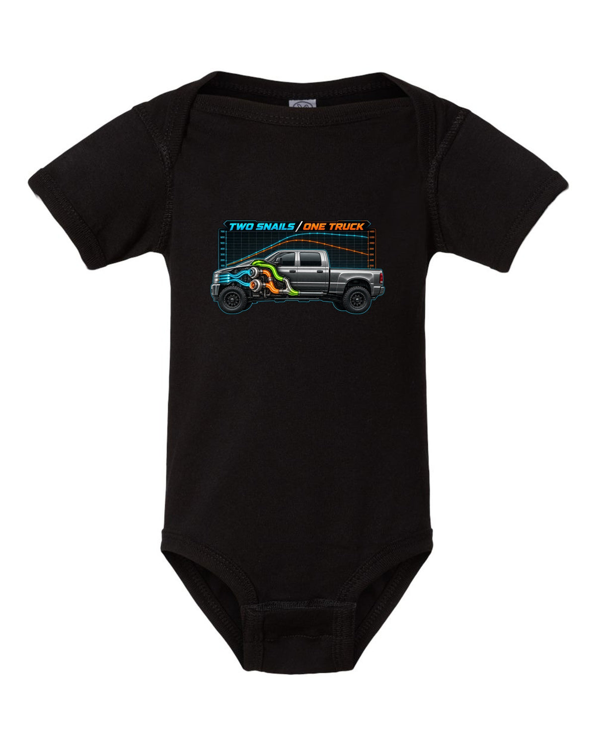 Dyno chart and gauge print of a 2003-2009 Dodge Ram 2500 Cummins compound turbo with two snails one truck text black baby onesie front view with the design