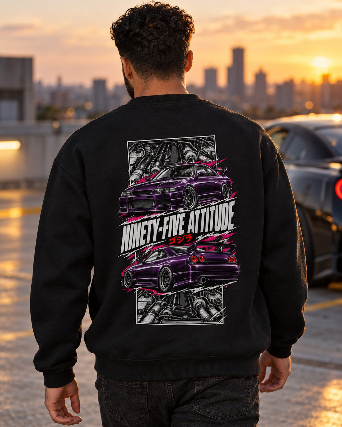Nissan Skyline GT-R R33 Torn Poster Full-Back Graphic Tee Crewneck Black worn hero