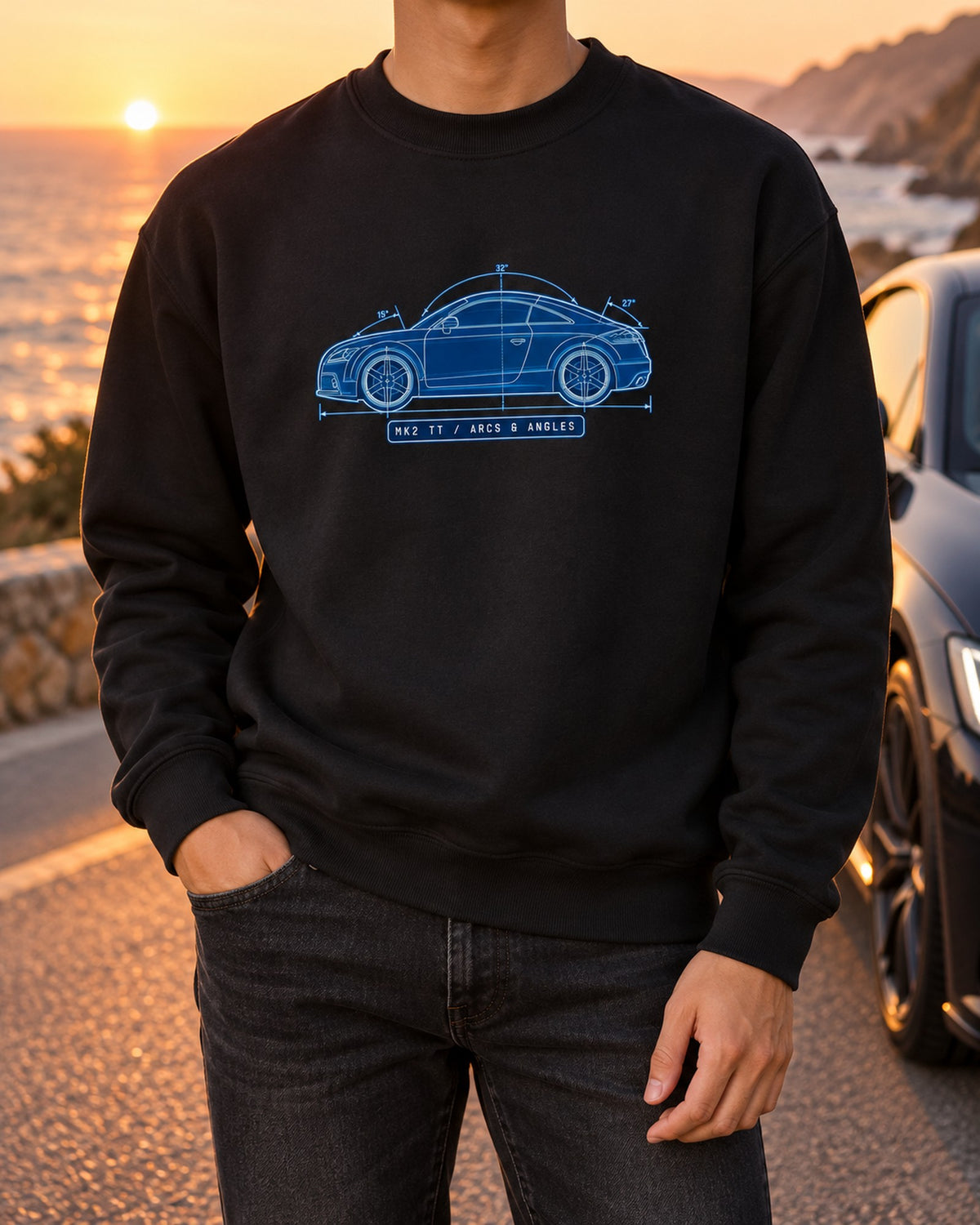 Audi TT 8J Mk2 Cyanotype Blueprint Shirt, Arcs and Angles Crewneck Black worn hero
