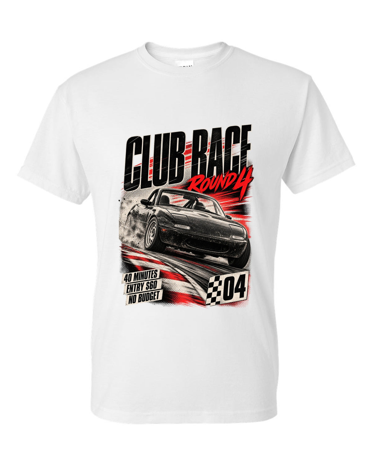Race poster print for the Mazda MX-5 NA 1989-97 reading club race round 4, 40 minutes, entry $60 white t-shirt front view with the design
