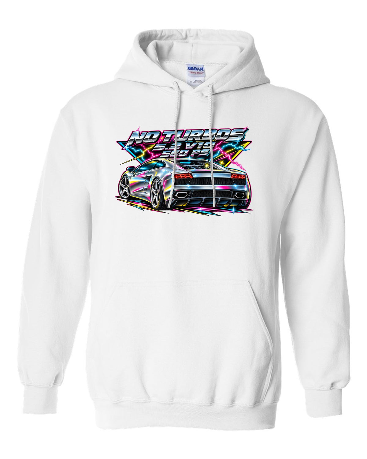 80s airbrush chrome Lamborghini Gallardo LP560-4 with the text NO TURBOS / 5.2 V10 / 560 PS white pull over hoodie front view with the design