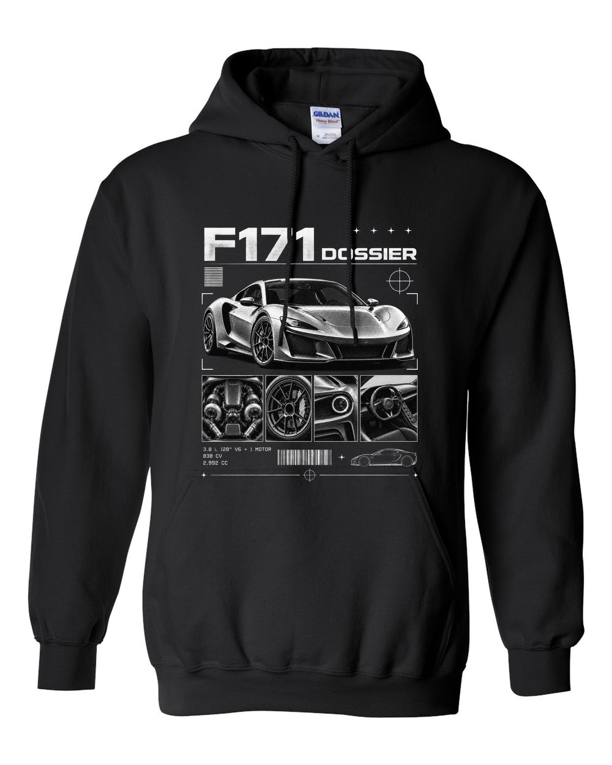 Dossier panel print of a Ferrari 296 GTB F171 with 3.0 L 120 degree V6 plus one motor, 830 CV black pull over hoodie front view with the design