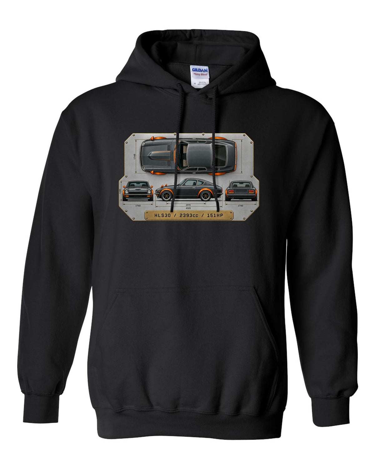 Top-down spec plate print of a Datsun 240Z HLS30 with 2393cc and 151HP black pull over hoodie front view with the design
