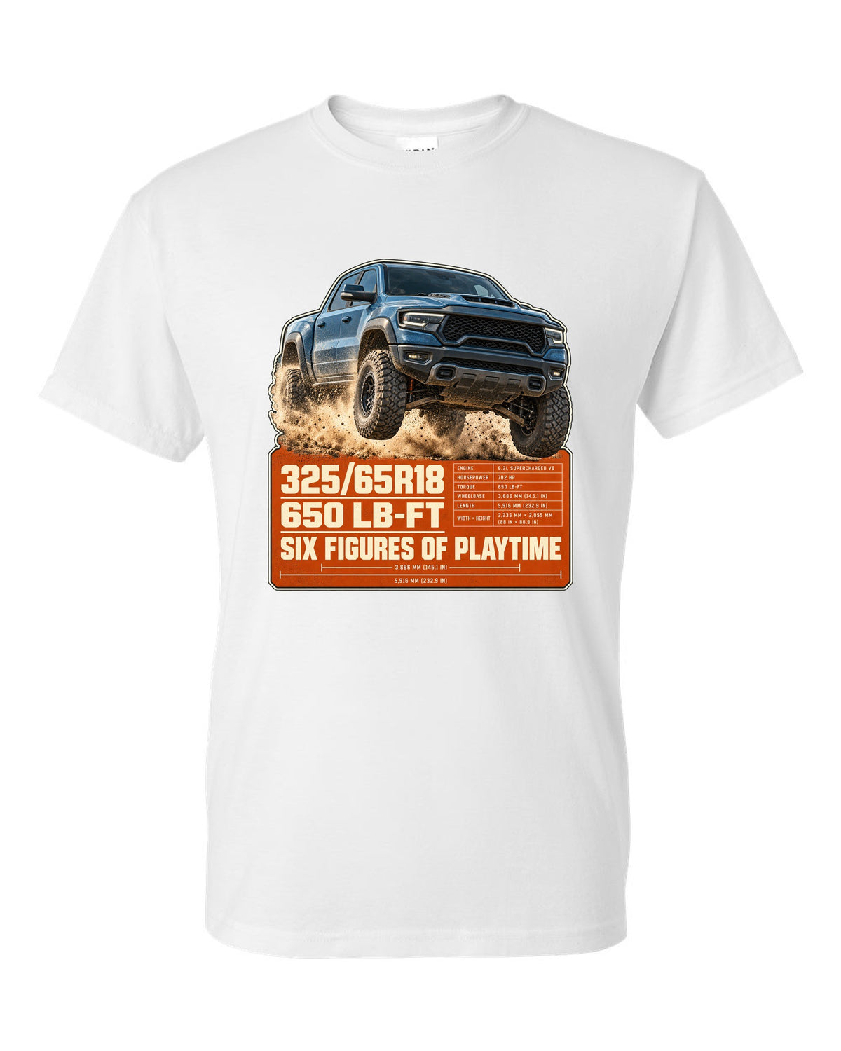 Ram 1500 TRX spec poster with tyre size and torque print white t-shirt front view with the design
