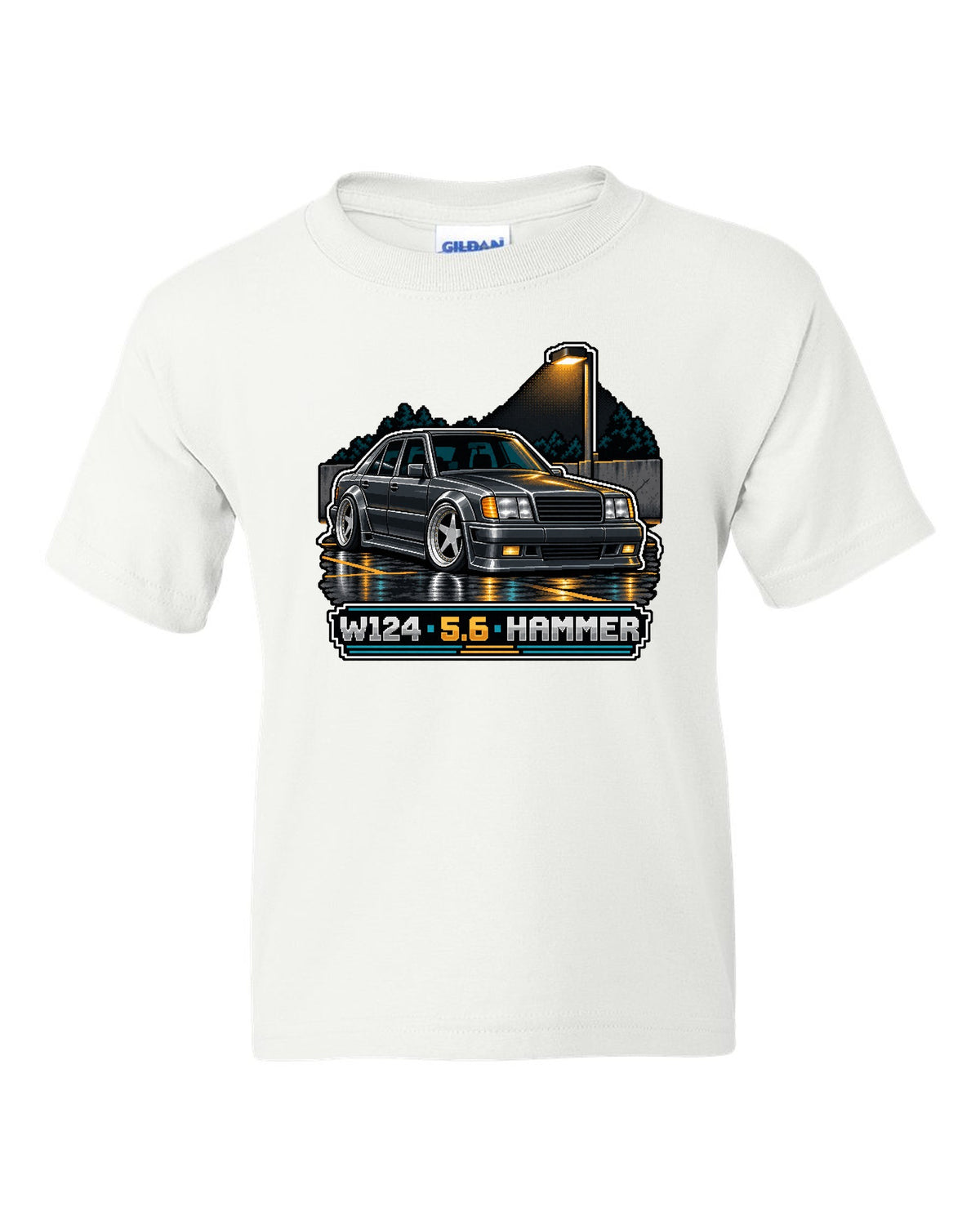 Pixel art Mercedes 300E 5.6 Hammer W124 parked in a car park white kids tee front view with the design