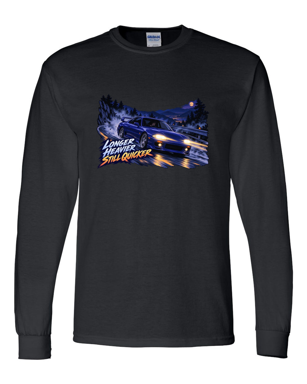 Cel-shaded 90s anime night touge print of a Nissan Skyline GT-R BCNR33 with longer heavier still quicker lettering black long sleeve front view with the design