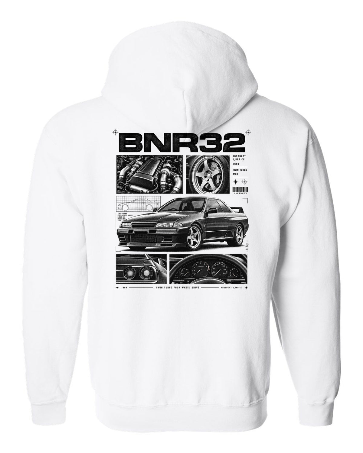 Dossier panel print of a Nissan Skyline GT-R R32 BNR32 with RB26DETT specs white zip hoodie back view with the design