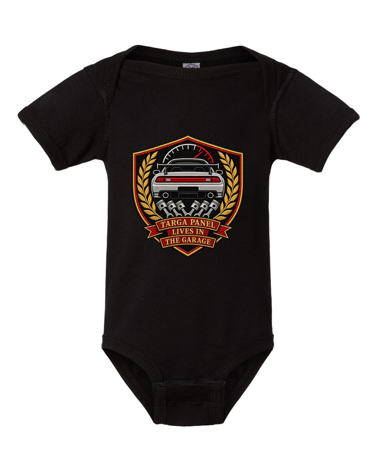 Embroidery-style shield crest print for the Toyota Supra A80 with targa panel lives in the garage lettering black baby onesie front view with the design