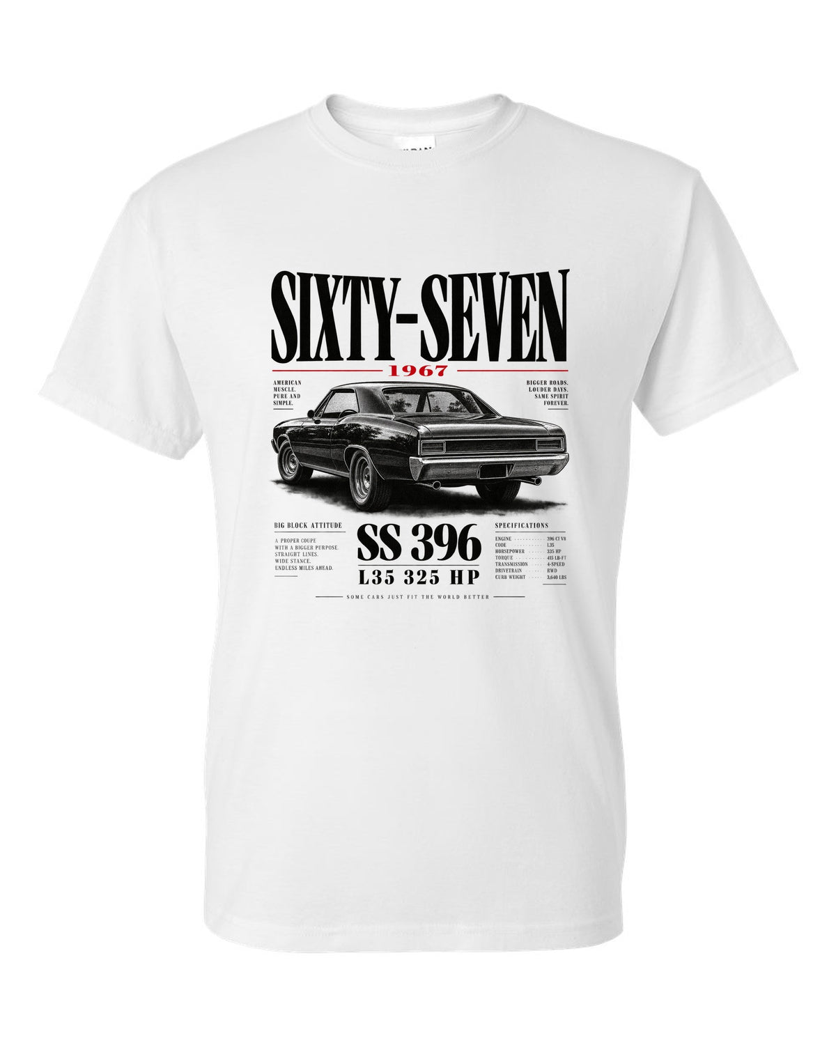 1967 Chevelle SS 396 rear three-quarter editorial headline print white t-shirt front view with the design