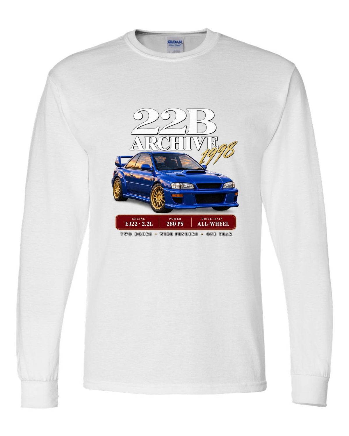 Subaru Impreza 22B STI 1998 archive panel with EJ22 2.2L 280 PS specs white long sleeve front view with the design