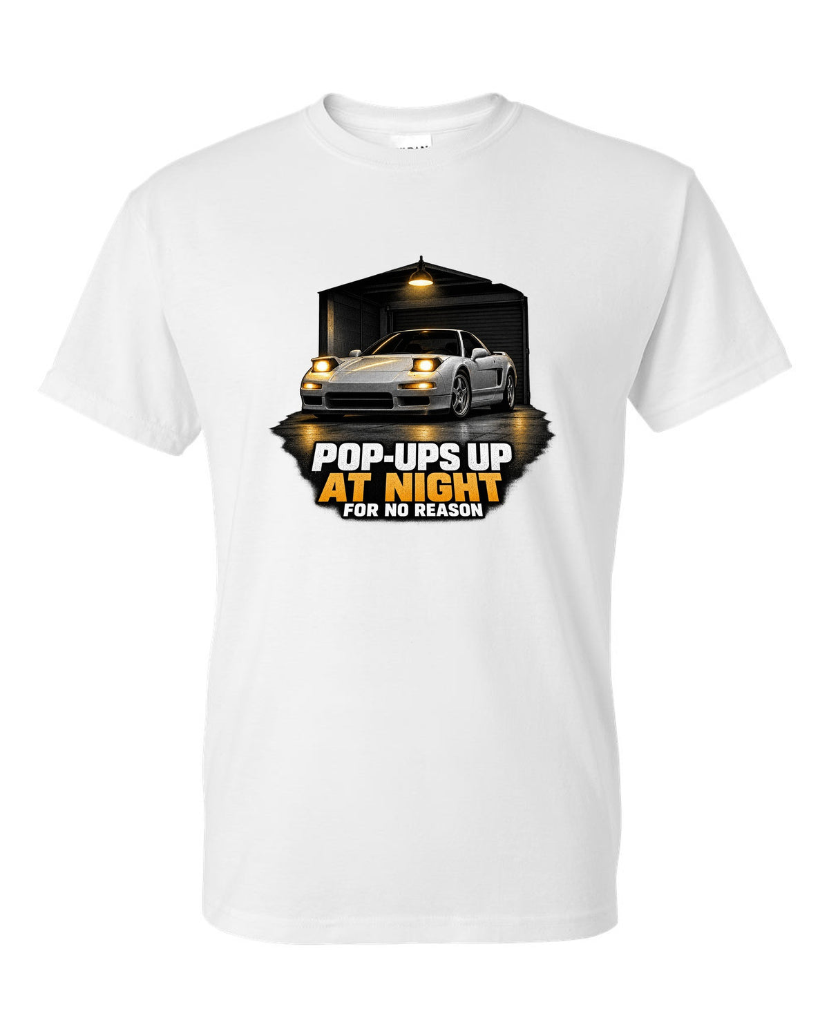 Honda NSX NA1 garage night design with pop-ups up at night for no reason text white t-shirt front view with the design