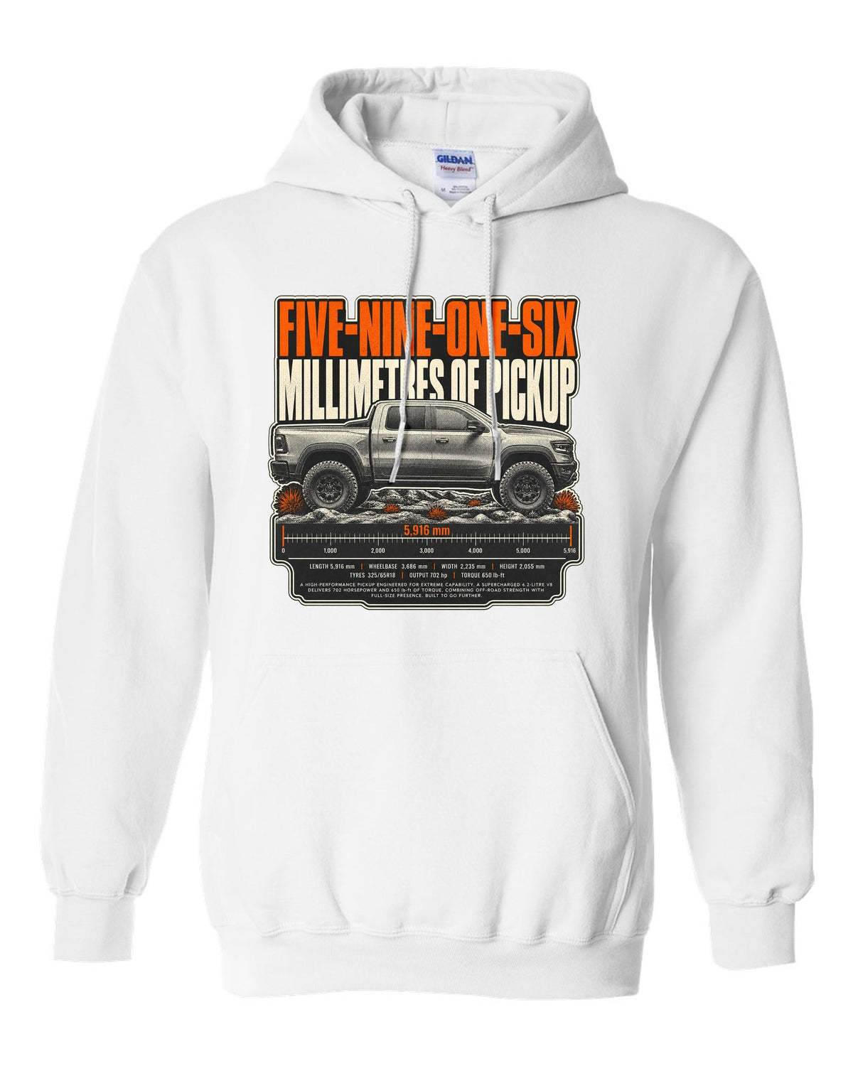 Ram 1500 TRX halftone print with 5916 millimetres text white pull over hoodie front view with the design