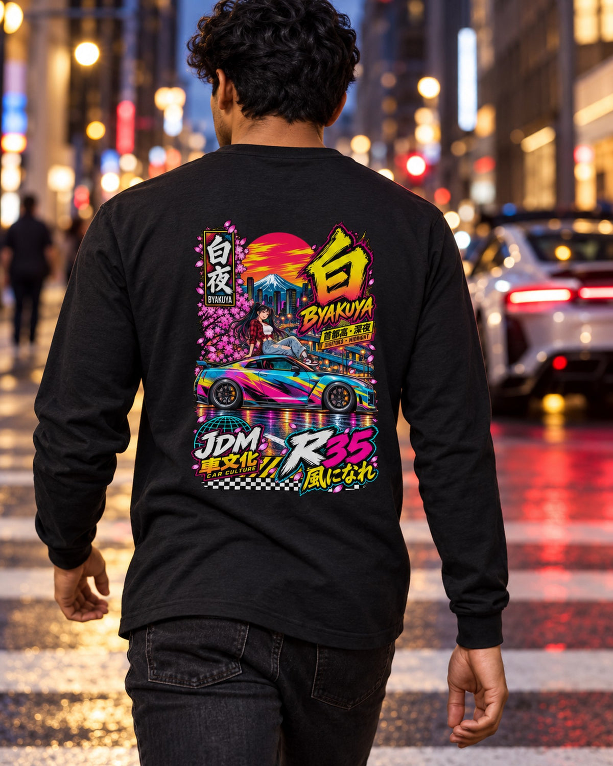 BYAKUYA R35 Anime Girl Full-Back Graphic Tee Long Sleeve Black worn hero