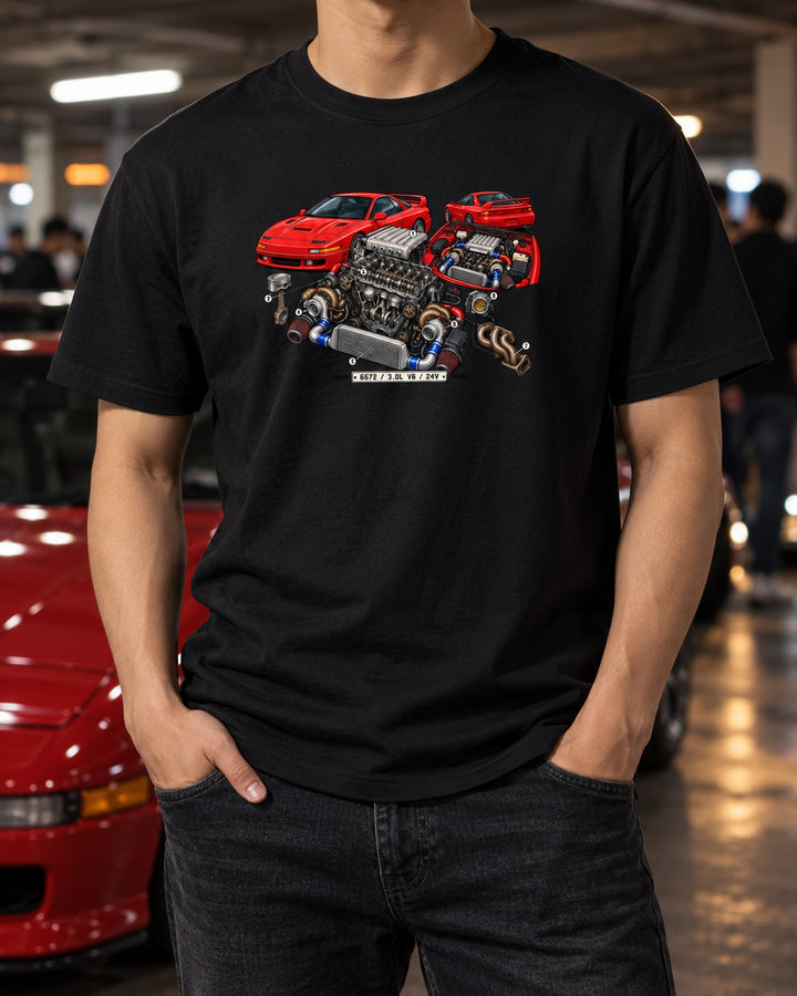 6G72 Exploded V6 Shirt, Mitsubishi 3000GT VR-4 Engine Diagram T-Shirt Black worn hero