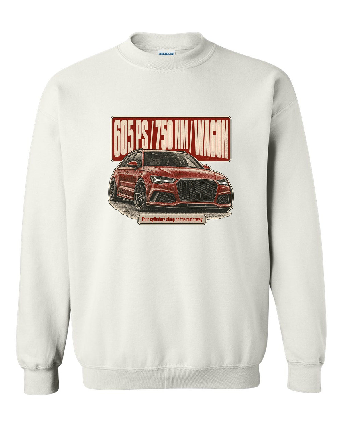 Audi RS6 Avant Performance C7 halftone statement print with 605 PS white crewneck front view with the design