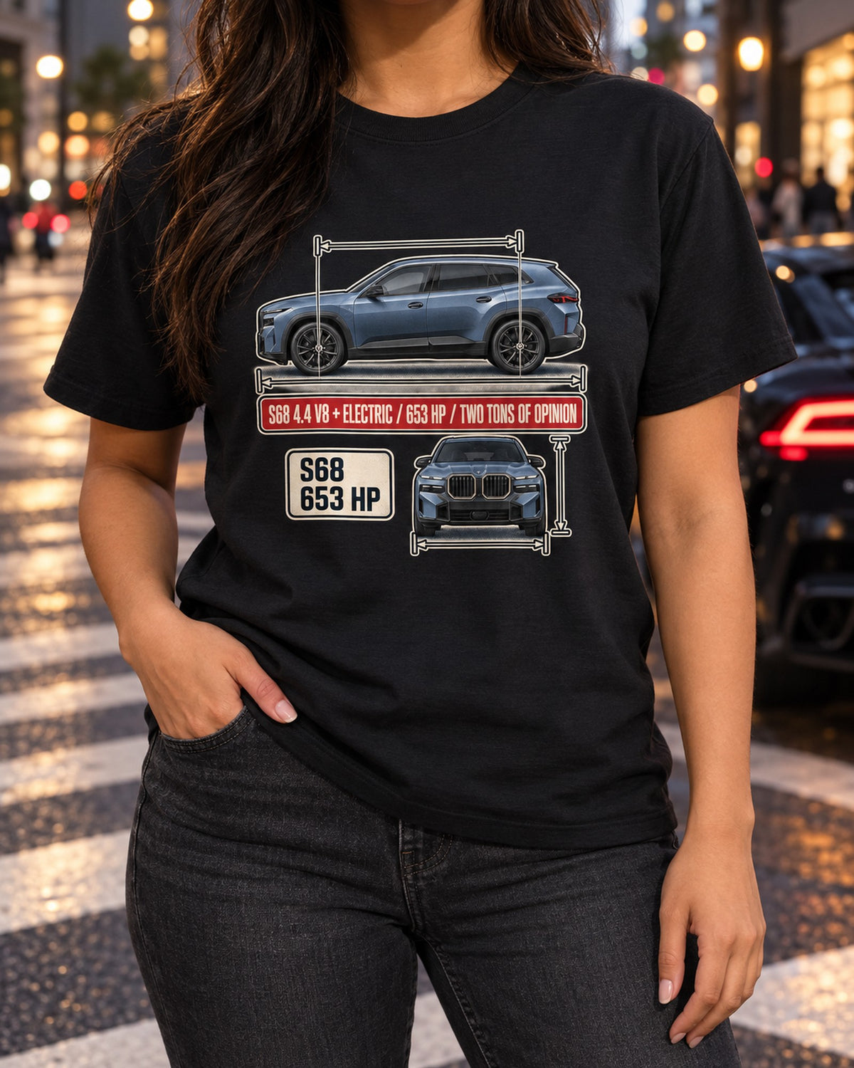 BMW XM G09 Dimension Blueprint Tee, S68 V8 Plug-In SUV T-Shirt Black worn hero