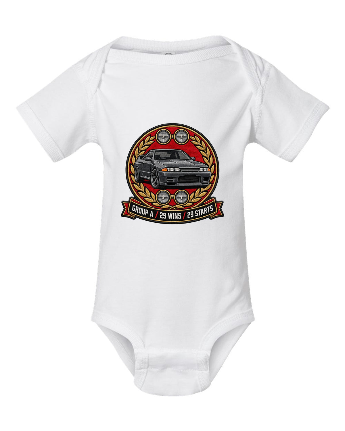 Embroidery-style round crest print for the Nissan Skyline GT-R R32 BNR32 with Group A 29 wins text white baby onesie front view with the design